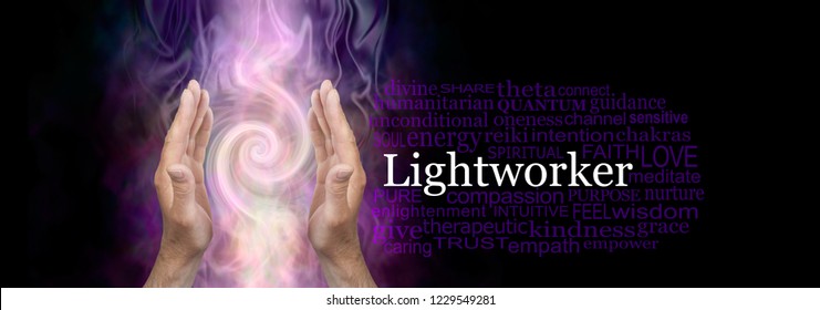 The healing hands of a Lightworker word cloud - male hands in an upwards open gesture beside the word LIGHTWORKER and a relevant word cloud on dark background with Fibonacci spiral behind 
