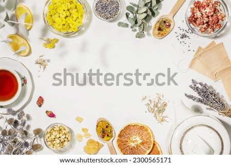 Healing herbal tea from wild plants and flowers. Home herbal apothecary concept. Sustainable flat lay with natural flowers and herbs, paper tea bags, cup of tea, spoons on white background. Copy space