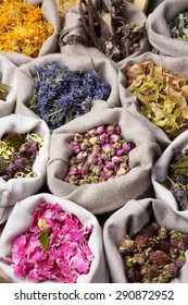 Healing Medical Herbs In A Linen Sacks.