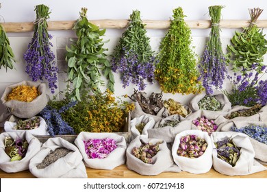 Healing medical herbs in a linen sacks.