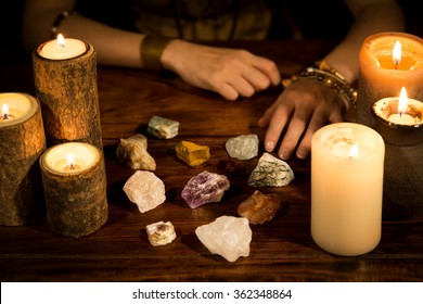 A Lot Of Healing Stones, Candles And Fortune Teller Hands, Concept Life Coaching