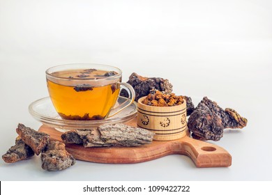 Healing tea from birch mushroom chaga and oak bark is used in folk medicine