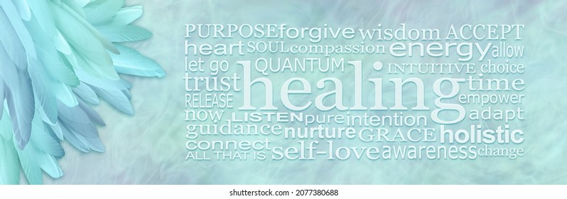 Healing Words Spiritual Wall Art Banner - random pile of beautiful jade green feathers on left side and a healing word cloud on right against pale jade green ethereal background
 - Shutterstock ID 2077380688