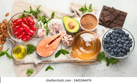 Health Anti Aging Food. Food For  Healthy Heart, Brain And Good Memory. Prevention Of Senile Dementia. High In  Antioxidants,  Minerals And Vitamins. Top View. 