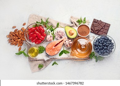 Health anti aging food. Food for  healthy heart, brain and good memory. Prevention of senile dementia. High in  antioxidants,  minerals and vitamins. Top view with copy space