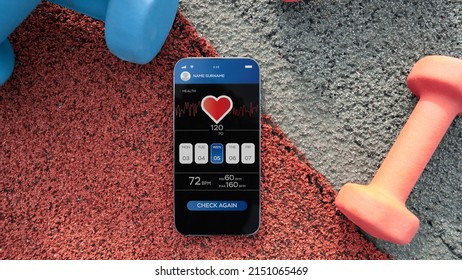 Health App. Smart Phone Screen With Fitness Health Or Sport Gym Mobile Application On Dumbbell Background. Home Online Workout