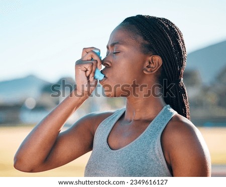 Health, black woman and asthma inhaler, fitness and medicine with wellness, lungs and runner outdoor. Sports, breathing and exercise with workout, help with oxygen and respiratory illness with pump