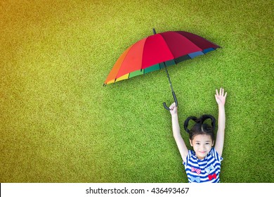 Health Care Assurance, Family And Children Life Insurance Medical Healthcare Business Concept With Happy Asian Girl Kid Holding Umbrella Uv Protection Safety From Sunlight Ray On Sunny Day  