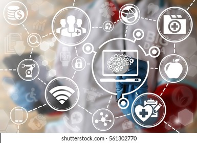 Health Care Computing Iot Integration Modernization Laptop Brain Medicine Automation Mobile Computer Control Web Development Ideas Concept. Brainstorm Idea Cogwheel Medical Emr Technology