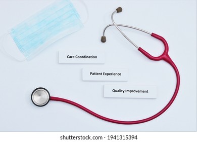 Health Care Concept demonstrating Care Coordination, Patient Experience, and Quality Improvement displayed on a White Background with red stethoscope