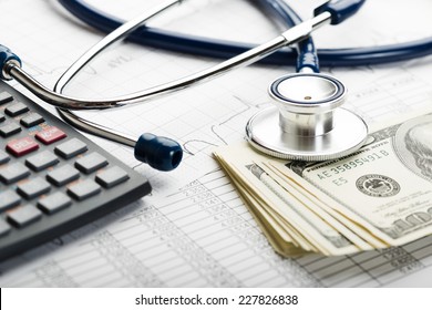 Health Care Costs. Stethoscope And Calculator Symbol For Health Care Costs Or Medical Insurance 