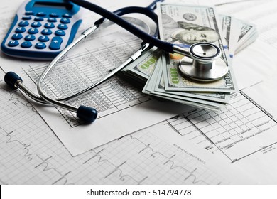 Health Care Costs. Stethoscope And Calculator Symbol For Health Care Costs Or Medical Insurance 