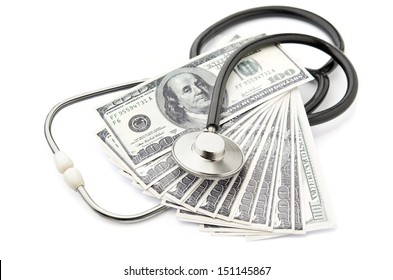 Health Care Costs. Stethoscope And Money Symbol For Health Care Costs Or Medical Insurance