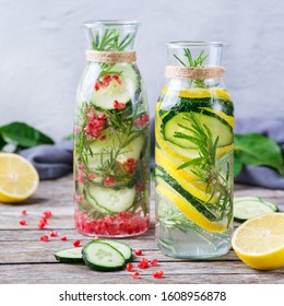Health care, fitness, healthy nutrition diet concept. Fresh cool lemon cucumber rosemary pomegranate infused water, detox drink, lemonade in a glass jar for spring summer days