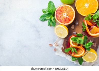 Health Care, Fitness, Healthy Nutrition Concept. Fresh Cool Citrus Lemonade Infused Water, Cocktail, Detox Drink, Beverage For Spring Summer Days. Top View Flat Lay Overhead, Copy Space Background