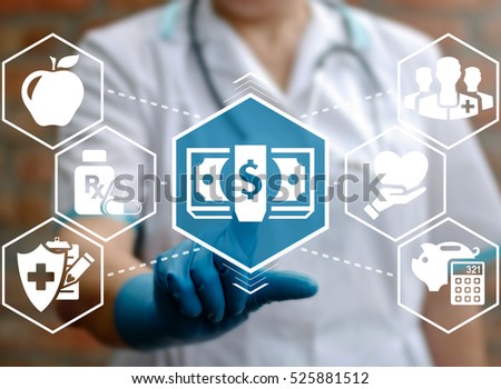 Health care insurance money medical concept. Doctor pressing cash banknote icon on virtual screen on background of network medicine finance healthcare assurance treatment sign. 