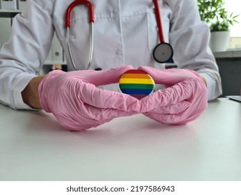 Health Care Lgbt And Doctor Holding Lgbt Badge. Treatment And Rights For Transgender And Gay People