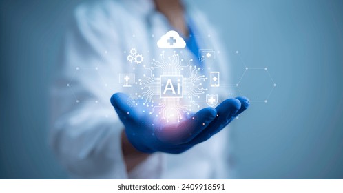 Health care and medical AI technology services concept.Medical worker touch virtual medical revolution and advance of technology Artificial Intelligence and technology for future Health