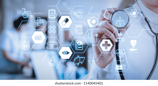 Health care and medical services concept with flat line AR interface.Healthcare and Medicine concept.smart medical doctor working with stethoscope at modern hospital
