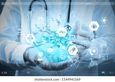 Health care and medical services concept with flat line AR interface.scientist doctor hand touch virtual molecular structure in the lab - Powered by Shutterstock