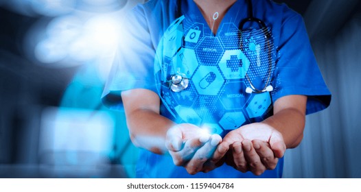 Health care and medical services concept with world or global form and AR interface.Medicine doctor hand working with modern computer interface as medical concept 