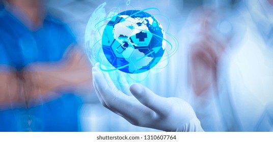 Health Care And Medical Services Concept With World Or Global Form And AR Interface.Medical Doctor Holding A World Globe In Her Hands As Medical Network Concept 