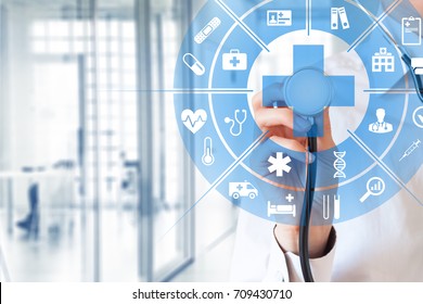 Health Care And Medical Services Concept With Circular AR Interface And Female Doctor Using Stethoscope