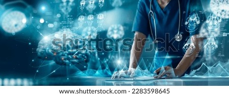 Health care and medical, Surgeon doctor diagnoses, analysis and connected. checking brain scan on modern virtual screen interface, Science, Innovation and Medical technology concept on global network