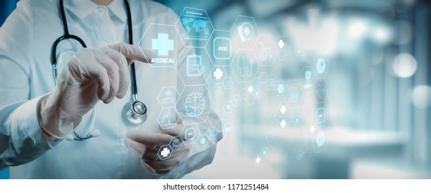 Health care and medical technology services concept with cinematography screen and AR interface.Smart medical doctor working with operating room as concept  - Shutterstock ID 1171251484