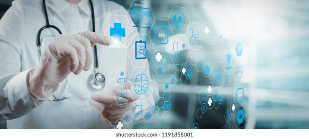 Health Care And Medical Technology Services Concept With Cinematography Screen And AR Interface.Smart Medical Doctor Working With Operating Room As Concept 