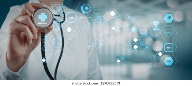 Health Care And Medical Technology Services Concept With Cinematography Screen And AR Interface.Smart Medical Doctor Working With Operating Room As Concept 