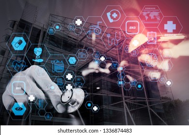 Health care and medical technology services concept with flat line AR interface.smart medical doctor working with smart phone and stethoscope on dark wooden desk,London city exposure - Shutterstock ID 1336874483