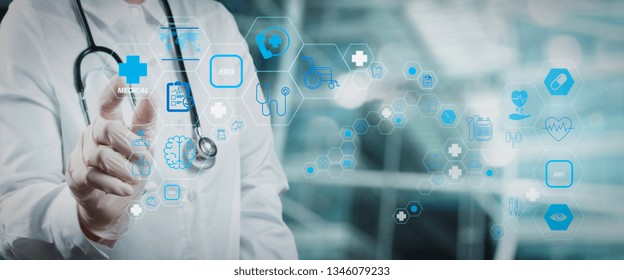 Health care and medical technology services concept with cinematography screen and AR interface.Smart medical doctor working with operating room as concept