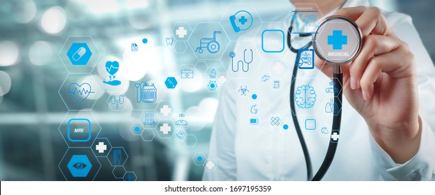 Health care and medical technology services Diagnose checking virus testing result with VR screen in laboratory, Inhibition of disease outbreaks. - Shutterstock ID 1697195359