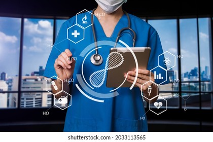 Health care and medical technology services concept with cinematography screen.Smart medical doctor working with VR icon