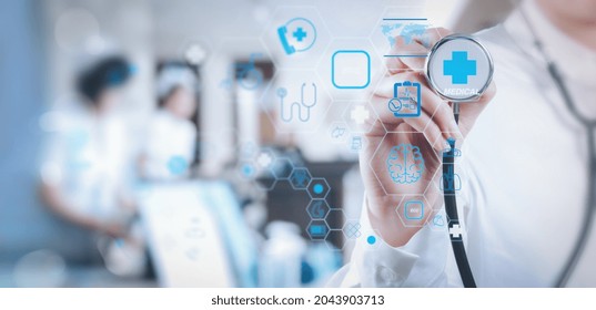 Health Care And Medical Technology Services Concept.Doctor With Stethoscope And Icon Medical Dashboard On Hospital Background, Medical Technology Network Concept