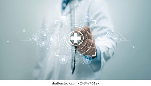 Health care and medical technology services concept. Medical worker using data virtual with health care icons,medical technology background,health insurance business.Health Insurance, telemedicine - Powered by Shutterstock