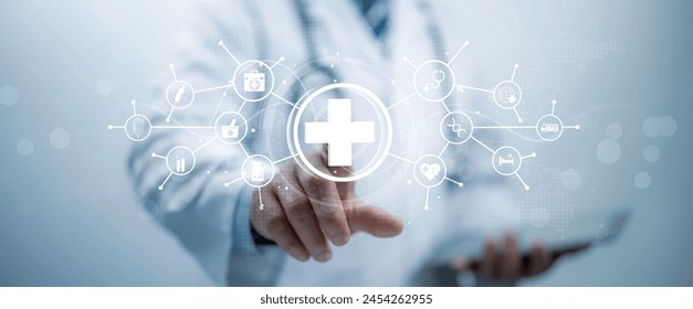 Health care and medical technology services concept. Medical worker using data virtual with health care icons,medical technology background,health insurance business.Health Insurance, telemedicine - Powered by Shutterstock