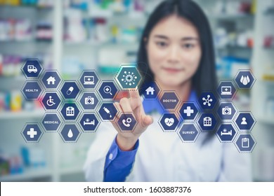 Health Care Medicine Automation Brain Gear Web Development Ideas Iot Concept. Asia Woman Doctor Brainstorm Idea Cogwheel Medical Modernization Integration Emr Technology Touching Icon