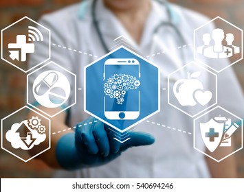 Health Care Medicine Automation Mobile Control Smart Phone Brain Gear Web Development Ideas Iot Concept. Brainstorm Idea Cogwheel Medical Modernization Integration Emr Technology