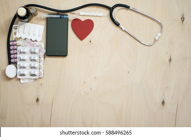 Health care medicine template for text background medication concept. Smartphone, heart, stethoscope, pill, syringe, vial, thermometer mock up. Empty blank prescription medical help emergency healthy - Powered by Shutterstock