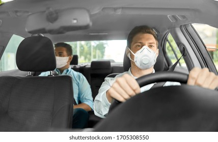 health care, safety and pandemic concept - male taxi driver driving car and passenger wearing face protective mask for protection from virus disease