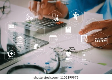 Health Care System Diagram With Health Check And Symptom On VR Dashboard.Healthcare Costs And Fees Concept.Hand Of Smart Doctor Used A Calculator For Medical Costs In Modern Hospital 