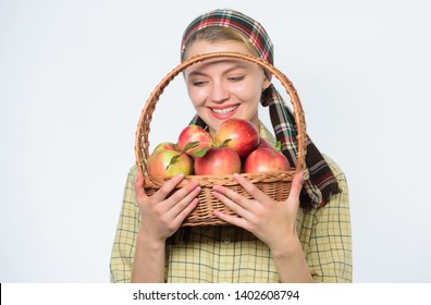 Health Care And Vitamin Nutrition. Perfect Apple. Grocery Store. Start Apple Diet. Woman Likes Natural Fruits. Farmer Gardener Apple Harvest. Girl Gardener Rustic Style Hold Apple White Background.