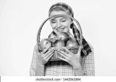 Health Care And Vitamin Nutrition. Perfect Apple. Grocery Store. Start Apple Diet. Woman Likes Natural Fruits. Farmer Gardener Apple Harvest. Girl Gardener Rustic Style Hold Apple White Background.