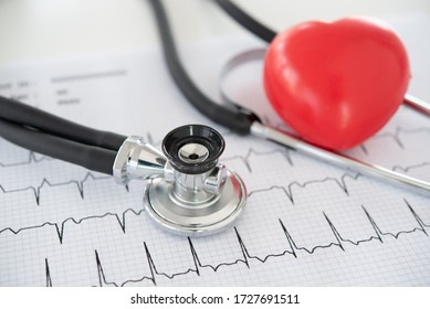 Health Check Up Heart And Cardiovascular. Stethoscope With Red Health On Cardiogram Chart.