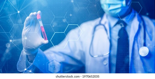 Health Check, Physical Medical Examination, Doctor Analyzing Patient Data Futuristic Digital Smart Technology. Doctor With Blood Tube Virus DNA Data Info, Medical Lab Augmented Reality Technology