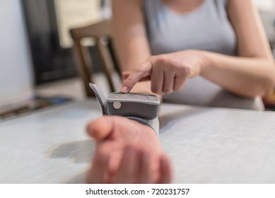 Health Concept Pregnant Women Is Taking Care For Health With Blood Pressure Monitors. High Blood Pressure, Pregnancy Risk Is Fetus. Young Woman Measuring Blood Pressure At Home