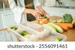 Health conscious woman organizing fresh produce into meal prep boxes in a kitchen. Nutrition and healthy eating concept.