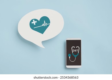 For health consultant , emergency case concept, heart with heartbeat and hospital sign icon on real white speech bubble paper cat and  stethoscope , 24 hours 7 days service sign on smartphone - Powered by Shutterstock